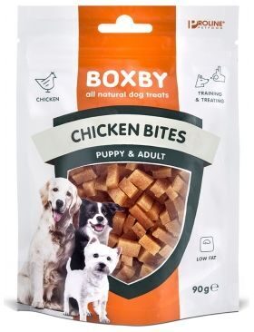 BOXBY CHICKEN BITES 90g - GABALIŅI KUCĒNIEM UN PIEAUGUŠIEM SUŅIEM (100% VISTA)