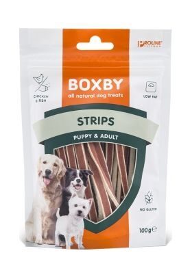 BOXBY STRIPS FOR DOGS 100g - STRĒMELĪTES KUCĒNIEM UN PIEAUGUŠIEM SUŅIEM (VISTA UN ZIVIS)