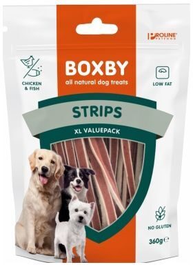 BOXBY STRIPS FOR DOGS 360g - STRĒMELĪTES KUCĒNIEM UN PIEAUGUŠIEM SUŅIEM (VISTA UN ZIVIS)