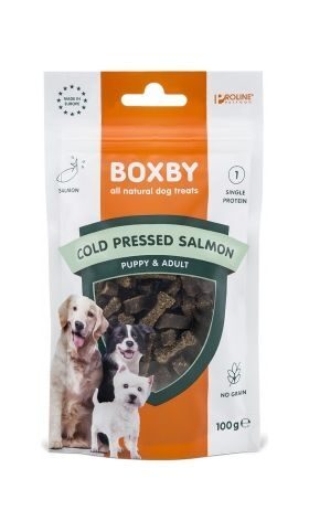 BOXBY COLD PRESED SALMON TREAT 100g - BOXBY AUKSTĀS PRESĒŠANAS GARDUMS AR LASI