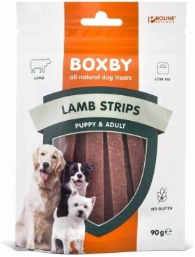 BOXBY LAMB STRIPS PUPPY&ADULT 90g - JĒRA GAĻAS ŠĶĒLĪTES KUCĒNIEM UN PIEAUGUŠIEM SUŅIEM 