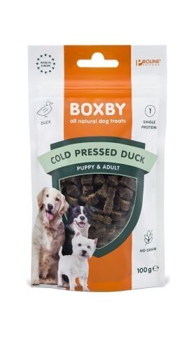 BOXBY COLD PRESED DUCK TREAT 100g - BOXBY AUKSTĀS PRESĒŠANAS GARDUMS SUŅIEM AR PĪLI 