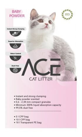 ACE Baby Powder CAT LITTER 20 L - cementējošās smiltis kaķu tualetei ar bērnu pūderi