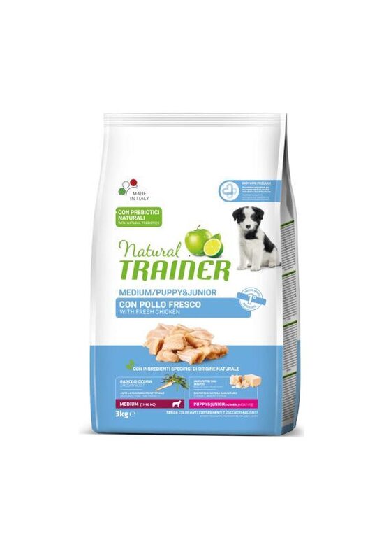 NATURAL TRAINER REGULAR MEDIUM PUPPY & JUNIOR CHICKEN 3 KG - pilnvērtīga un sabalansēta barība ar vistu vidējo šķirņu kucēniem