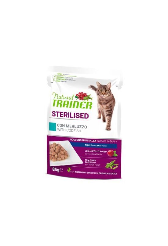 NATURAL TRAINER CAT Sterilised CODFISH 85G - konservi ar menci sterilizētiem kaķiem