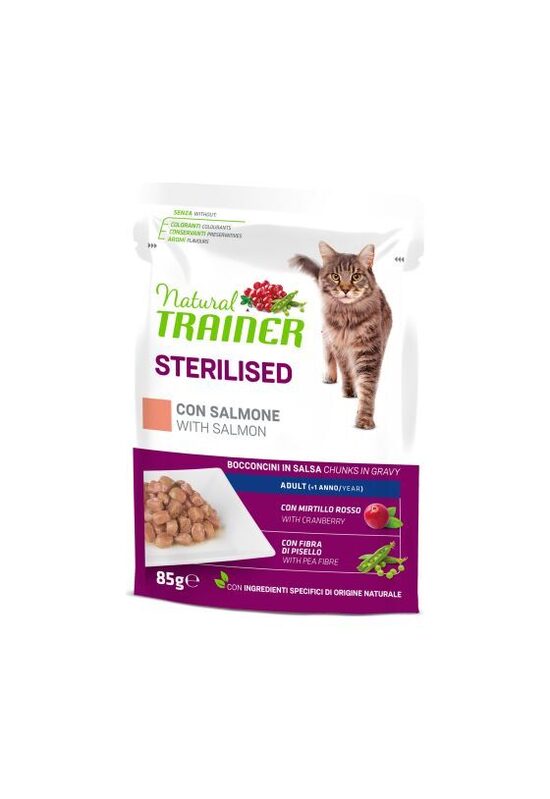 NATURAL TRAINER CAT Sterilised Salmon 85G - konservi sterilizētiem pieaugušiem kaķiem, ar lasi