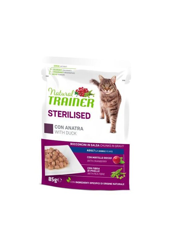 NATURAL TRAINER CAT Sterilised Duck 85G - konservi ar pīles gaļu sterilizētiem pieaugušiem kaķiem