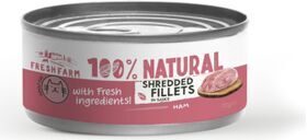 Prefera Fresh Farm CAT Shredded fillets in sauce with ham and chicken 70 gr - konservi kaķiem, plucināta vistu un šķiņķis buljonā