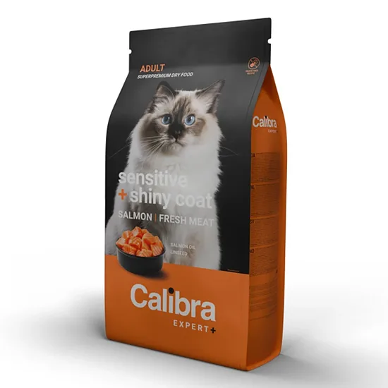 Calibra Cat EXPERT+ Adult Sensitive & Shiny Coat 1,5 kg - bezgraudu sausā barība kaķiem ar lasi, veselīgai ādai un spožam kažokam