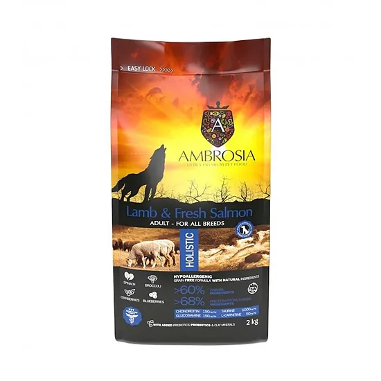 Ambrosia Grain Free Lamb & Fresh Salmon Adult for All Breeds 2kg - bezgraudu holistiskā barība visu šķirņu suņiem ar jēru un lasi