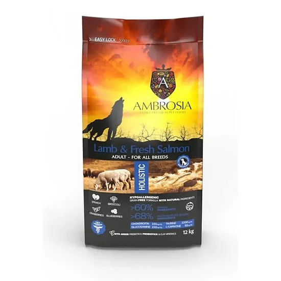 Ambrosia Grain Free Lamb & Fresh Salmon Adult for All Breeds 12kg - bezgraudu holistiskā barība visu šķirņu suņiem ar jēru un lasi