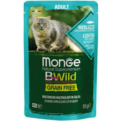Monge Cat BWild Pouch Grain Free Adult Chunkies in Gravy Codfish with Shrimps and Vegetables 85 g