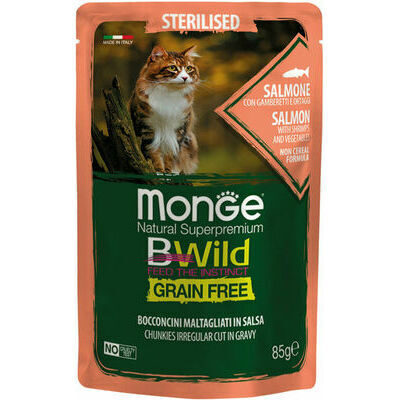 Monge Cat BWild Pouch Grain Free Sterilised Chunkies in Gravy Salmon with Shrimps and Vegetables 85 g