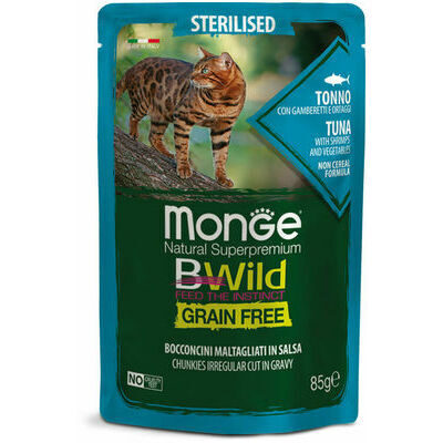 Monge Cat BWild Pouch Grain Free Sterilised Chunkies in Gravy Tuna with Shrimps and Vegetables 85 g