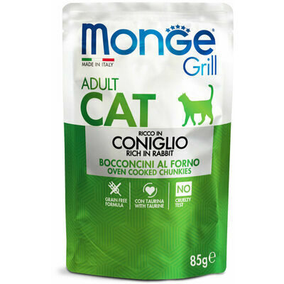 Monge Cat Grill Pouch Adult Chunkies in Jelly Rich in Rabbit 85 g - konservi kaķiem, ar trusi želejā