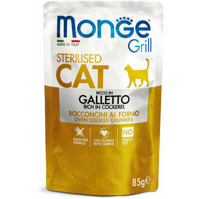 Monge Cat Grill Pouch Sterilised Chunkies in Jelly Rich in Cockerel 85 g - konservi sterilizētiem kaķiem