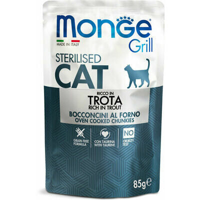 Monge Cat Grill Pouch Sterilised Chunkies in Jelly Rich in Trout 85 g - konservi sterilizētiem kaķiem, ar foreli