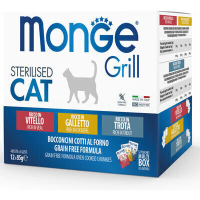 Monge Cat Grill Pouches Multipack Sterilised Veal, Cockerel, Trout 12x85 g
