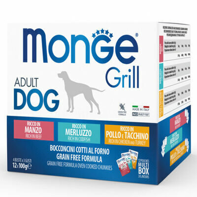 Monge Dog Grill Pouches Multipack Chicken and Turkey, Beef, Codfish 12x100 g