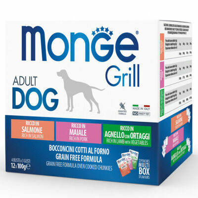 Monge Dog Grill Pouches Multipack Lamb with Vegetables, Pork, Salmon 12x100 g