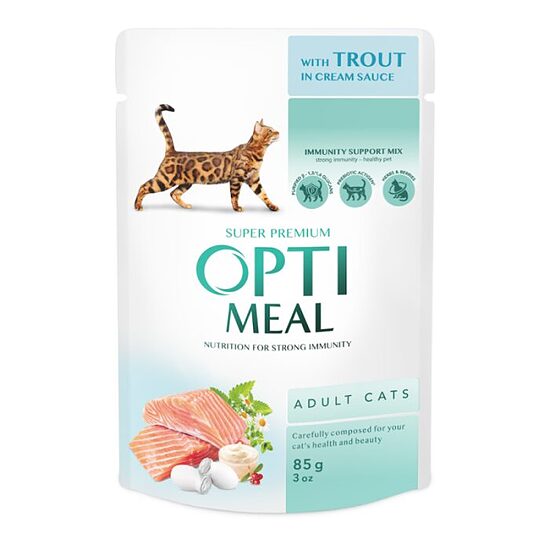 OPTIMEAL with Trout in Cream Sauce 85 g - mitrā barība pieaugušiem kaķiem ar foreli krējuma mērcē