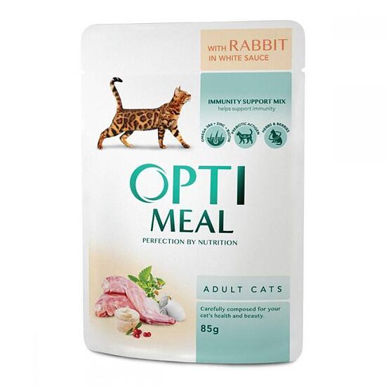 OPTIMEAL with Rabbit in White Sauce 85 g - mitrā barība pieaugušiem kaķiem ar trusi baltajā mērcē