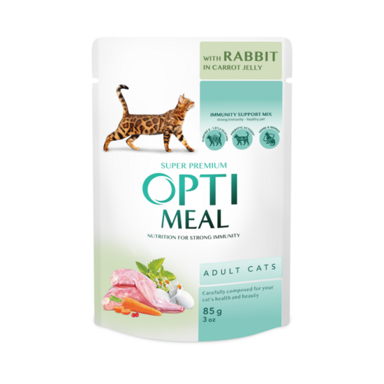 OPTIMEAL with Rabbit in Carrot Jelly 85 g - mitrā barība pieaugušiem kaķiem ar trusi burkānu želejā 