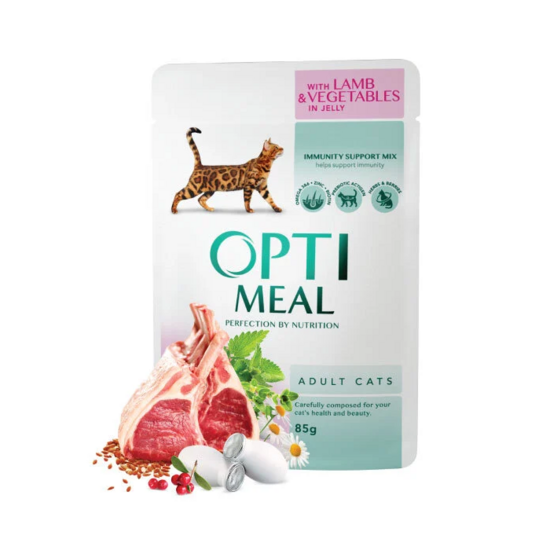 OPTIMEAL with Lamb in Vegetable Jelly 85g - mitrā barība pieaugušiem kaķiem ar jēra gaļu un dārzeņiem želejā