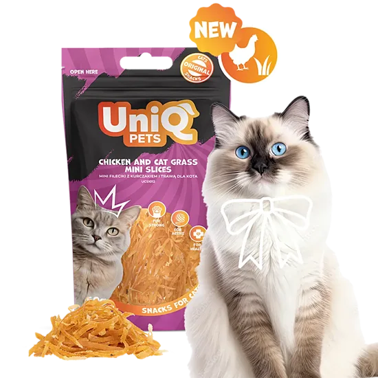 UNIQ PETS CAT SNACKS MIMI 50g chicken and cat grass mini slices - gardums kaķiem ar vistas gaļu un kaķu zāli