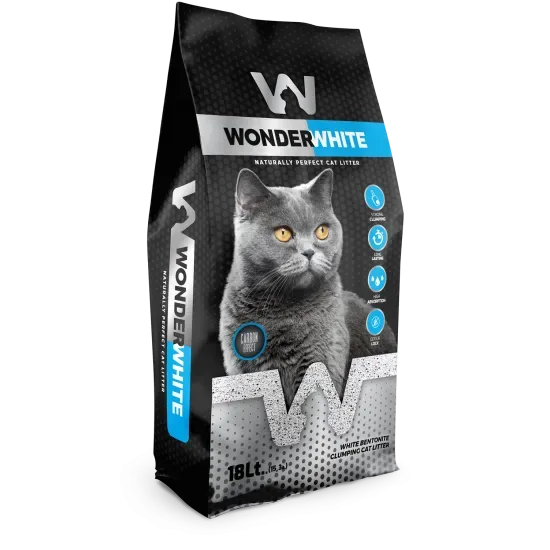 Wonder White Cat Litter, Carbon 18L - cementējošās smiltis kaķu tualetei ar aktivēto ogli 